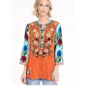 John Mark 3/4 Sleeve Multi Print Embroidered Banded Collar Y-Neck Top Large